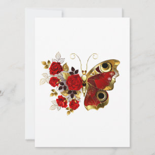 Tarjeta Festiva Mariposa de flor roja con rosas rojas