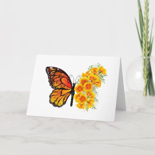 Tarjeta Festiva Mariposa de flores con amapola amarilla de Califor (Anverso)