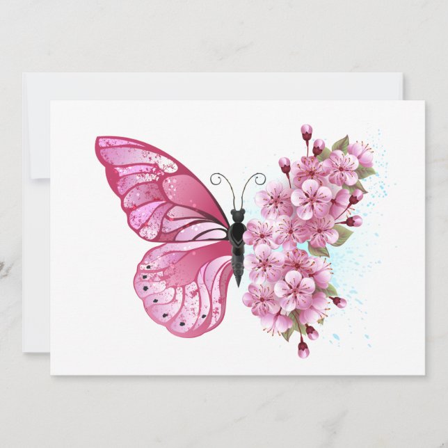 Tarjeta Festiva Mariposa de flores con Sakura rosa (Anverso)