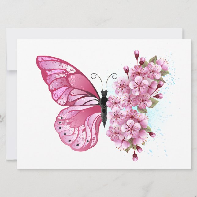 Tarjeta Festiva Mariposa de flores con Sakura rosa (Anverso)