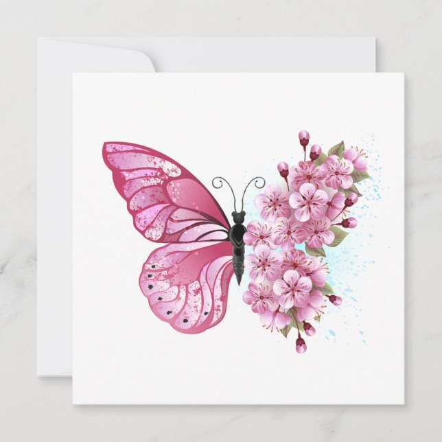 Tarjeta Festiva Mariposa de flores con Sakura rosa (Anverso)