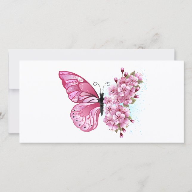 Tarjeta Festiva Mariposa de flores con Sakura rosa (Anverso)