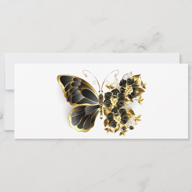 Tarjeta Festiva Mariposa de flores de oro con orquídea negra (Anverso)