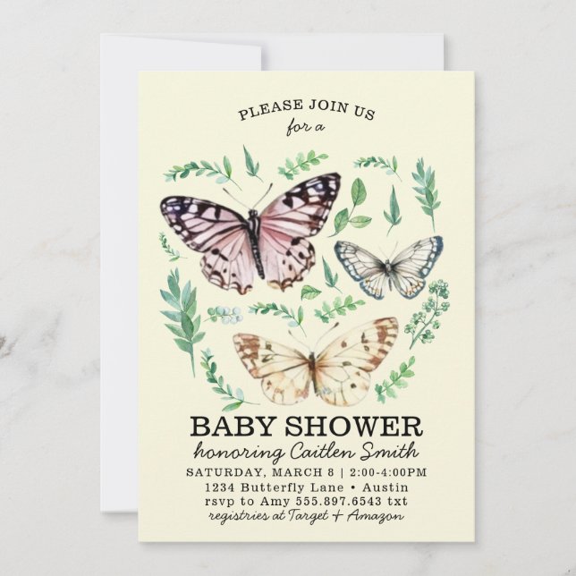 Tarjeta Festiva Mariposa Jardín Baby Shower Greenery bebé invitado (Anverso)