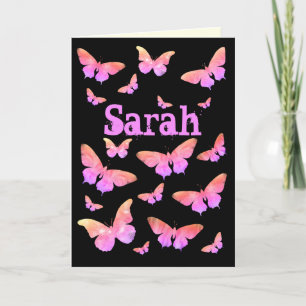 Tarjeta Festiva Mariposa rosa y púrpura Pop Art Nombre Sarah