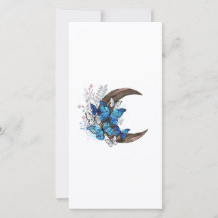Tarjeta Festiva Mariposas azules en creciente de madera