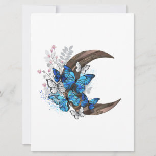 Tarjeta Festiva Mariposas azules sobre la media luna de madera