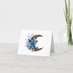 Tarjeta Festiva Mariposas azules sobre la media luna de madera
