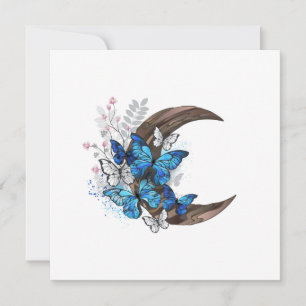 Tarjeta Festiva Mariposas azules sobre la media luna de madera
