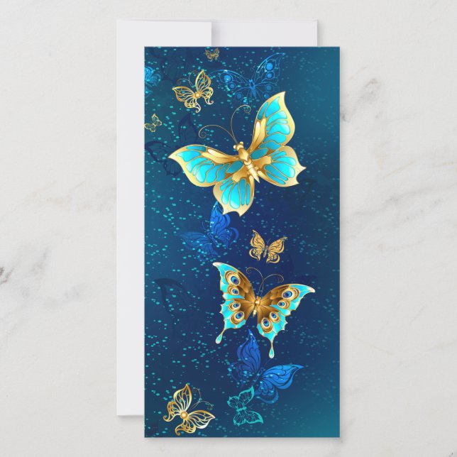 Tarjeta Festiva Mariposas doradas sobre fondo azul (Anverso)