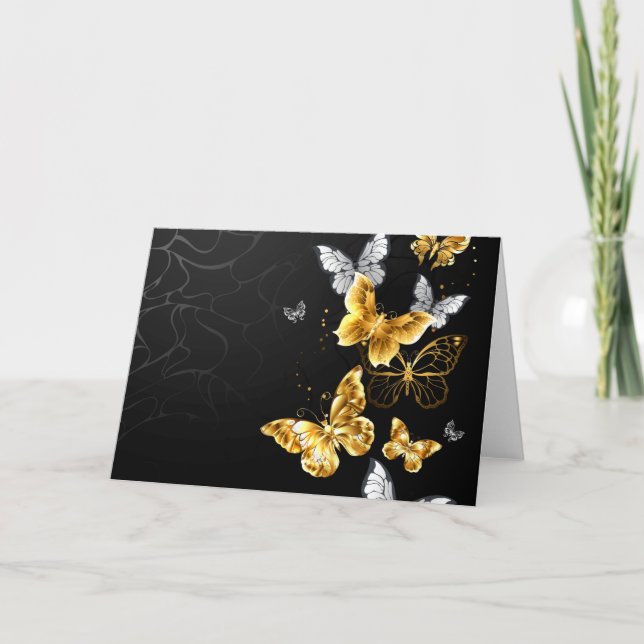 Tarjeta Festiva Mariposas doradas y blancas (Anverso)
