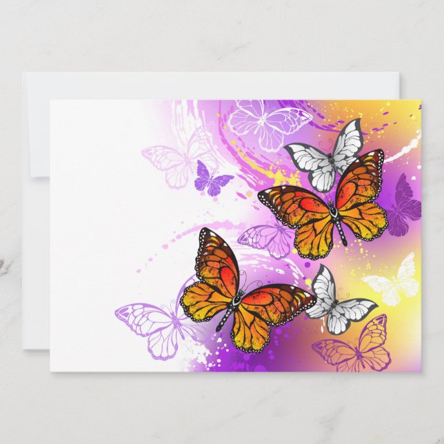 Tarjeta Festiva Mariposas monarcas en fondo morado (Anverso)