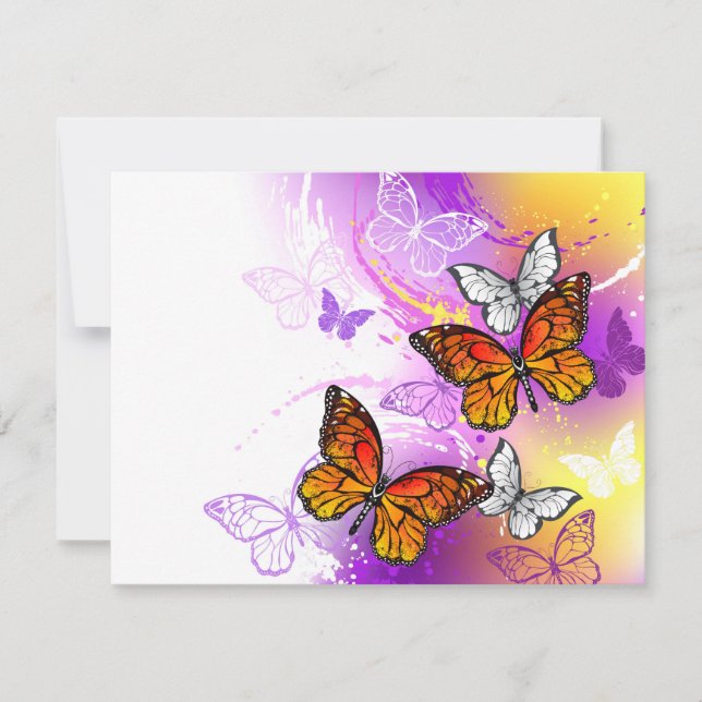 Tarjeta Festiva Mariposas monarcas en fondo morado (Anverso)