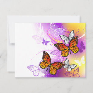 Tarjeta Festiva Mariposas monarcas en fondo morado