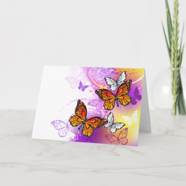 Tarjeta Festiva Mariposas monarcas en fondo morado (Anverso)