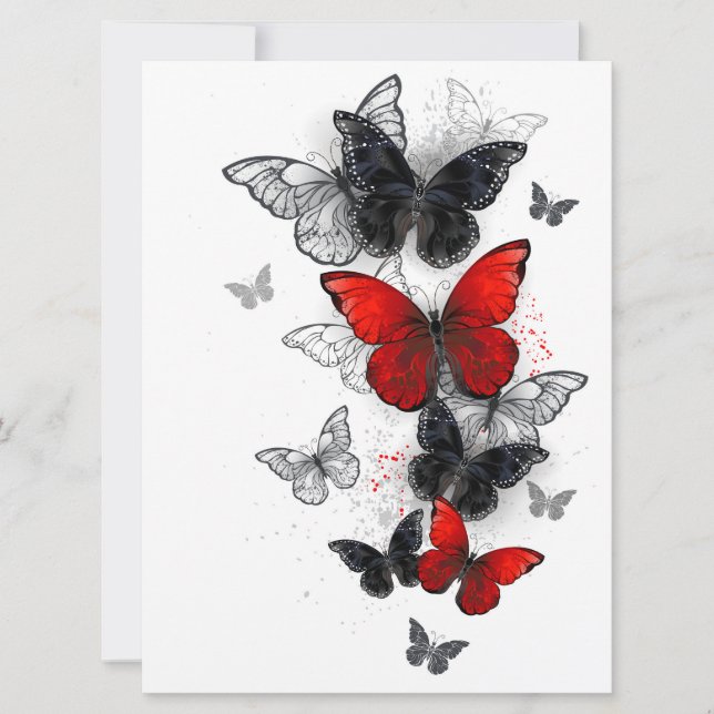 Tarjeta Festiva Mariposas Morpho voladoras negras y rojas (Anverso)
