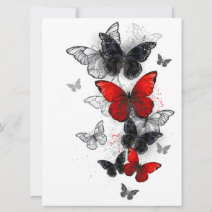 Tarjeta Festiva Mariposas Morpho voladoras negras y rojas
