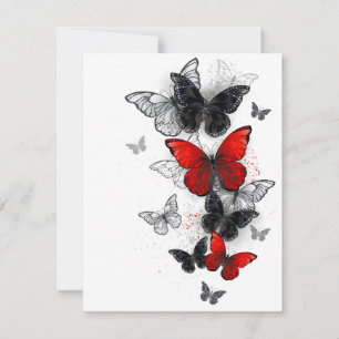 Tarjeta Festiva Mariposas Morpho voladoras negras y rojas