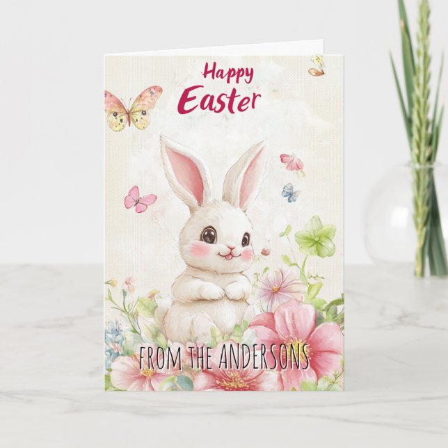 Tarjeta Festiva Mariposas verdes rosadas y conejito lindo (Anverso)