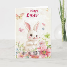 Tarjeta Festiva Mariposas verdes rosadas y conejito lindo