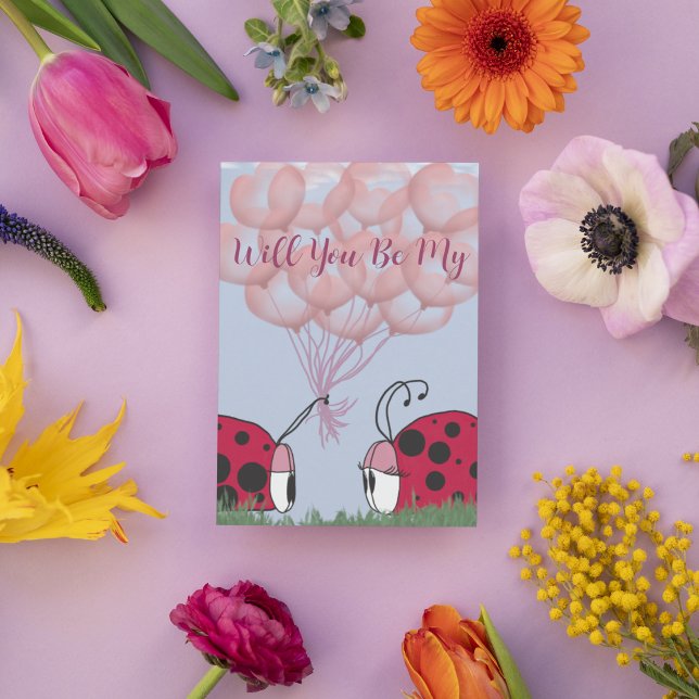 Tarjeta Festiva Mariquita Adorable Con Hermoso Ramo de Globos Rosa (Subido por el creador)