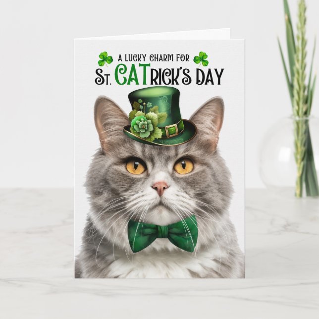 Tarjeta Festiva Mármol gris Tabby Cat St CATrick's Day Lucky Charm (Anverso)
