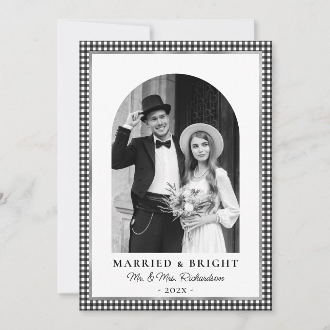Tarjeta Festiva Married and Bright Newlywed Photo Black White  (Anverso)