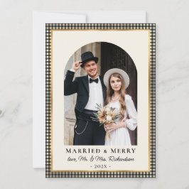 Tarjeta Festiva Married and Merry Arch Photo Black Gold Plaid
