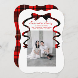 Tarjeta Festiva Married and Merry Bow Photo Christmas Newlyweds