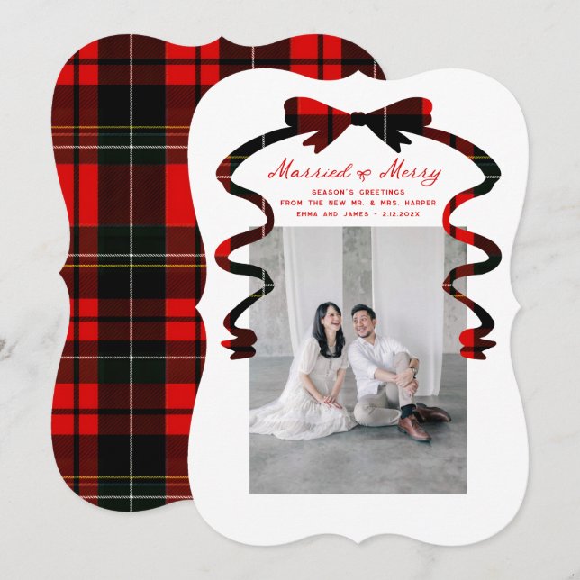 Tarjeta Festiva Married and Merry Bow Photo Christmas Newlyweds (Anverso / Reverso)