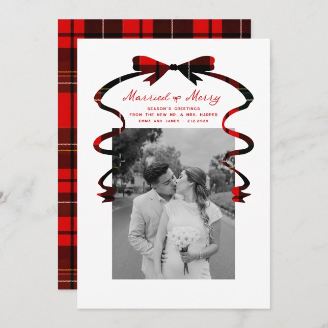 Tarjeta Festiva Married and Merry Bow Photo Christmas Newlyweds (Anverso / Reverso)