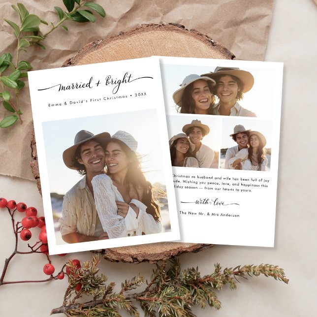 Tarjeta Festiva Married + Bright Modern Christmas 3 Photo Newlywed (Subido por el creador)
