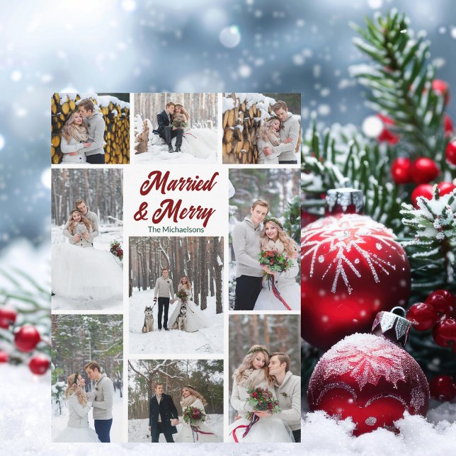 Tarjeta Festiva Married & Merry Christmas Couple Photo Collage (Subido por el creador)
