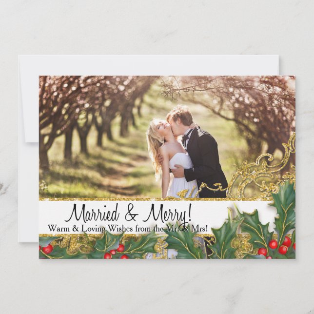 Tarjeta Festiva Married Merry Christmas, foto horizontal recién ca (Anverso)