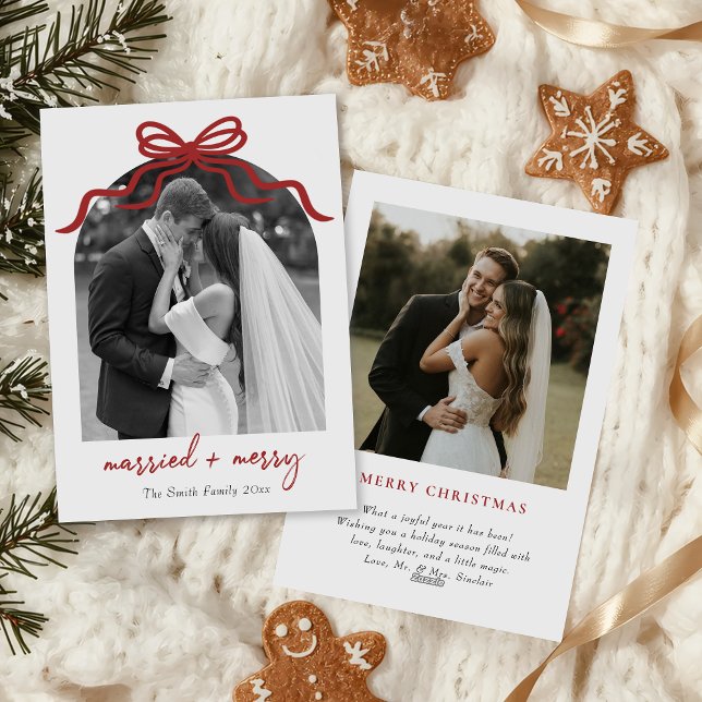Tarjeta Festiva Married & Merry Red Bow Arch Photo Christmas (Subido por el creador)
