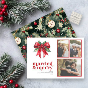 Tarjeta Festiva Married & Merry Red Bow Holly Reciente 3 Foto