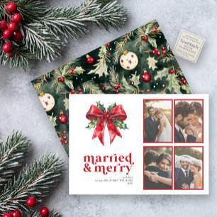 Tarjeta Festiva Married & Merry Red Bow Holly Reciente 4 Foto