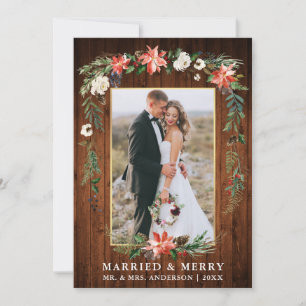 Tarjeta Festiva Married Merry Wood Gold Watercolor Invernal Floral