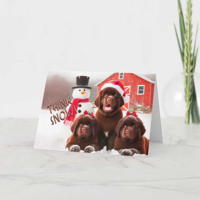 Tarjeta Festiva Marrón de perros de Terranova, carta de Navidades  (Anverso)