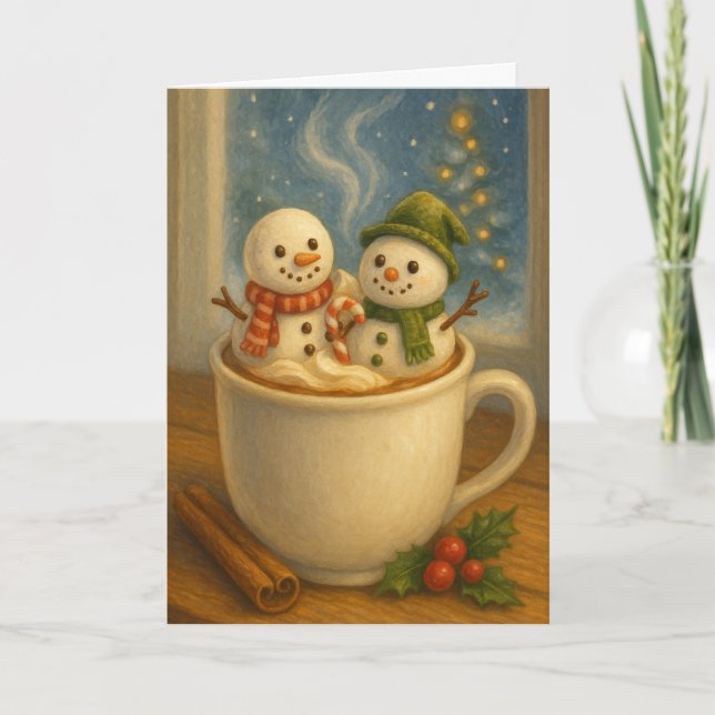 Tarjeta Festiva Marshmallow Snowmen Hot Cocoa (Anverso)