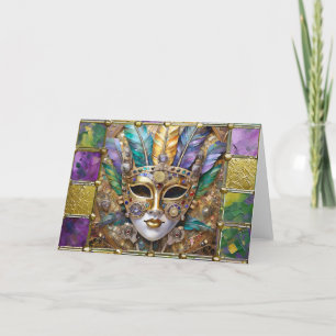 Tarjeta Festiva Máscara de plumas de colores de oro y cerámica de