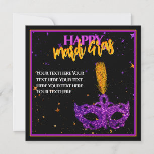 Tarjeta Festiva Máscara de Purpura y Naranja Personalizada con Bri