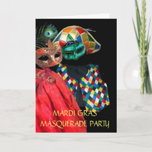 TARJETA FESTIVA MÁSCARAS MASQUERADE MARDI GRAS, COSTUMO DE HARLEQU