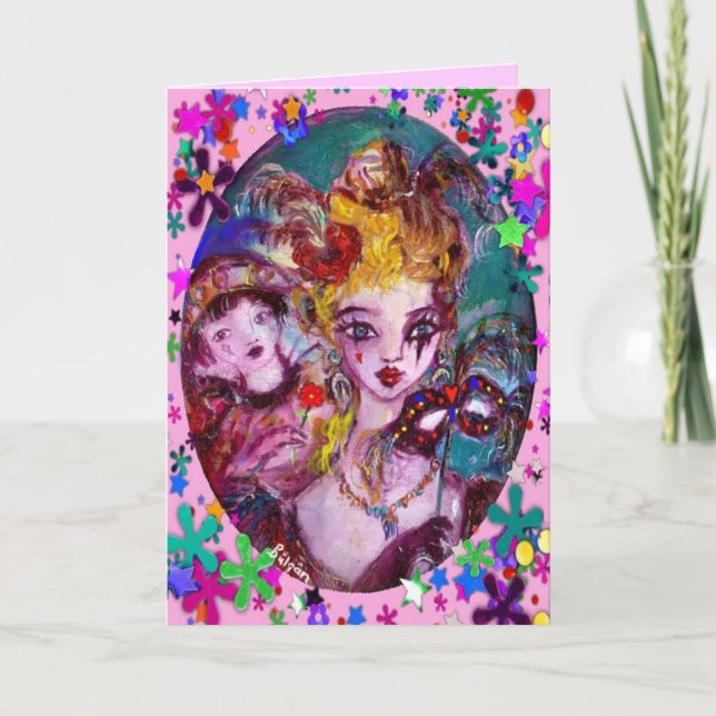 TARJETA FESTIVA MÁSCARAS Y CONFETTI DE MASQUERADE VENECIANA DE VAL (Anverso)