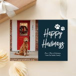 Tarjeta Festiva Mascota de la caligrafía azul Happy Howlidays<br><div class="desc">Happy Howlidays Blue Gold Caligraphy Mascota Photo Holiday Card. Envíe personalizable y saludos personalizados de vacaciones a amigos, colegas y familia en festividades de diseño fotográfico simple, moda, elegante y moderno, tarjetas de estilo minimalista natural! Debajo de la caligrafía se muestra el mensaje de bienvenida de su personalizado en la...</div>