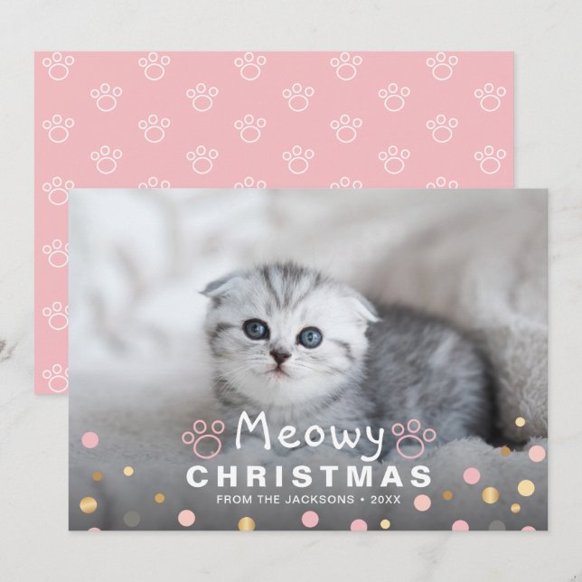 Tarjeta Festiva Mascota de patadas para gato de Kitten Meowy Navid (Anverso / Reverso)