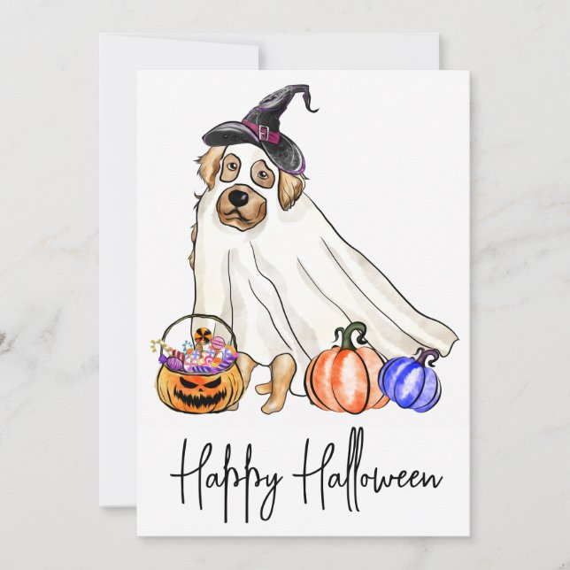 Tarjeta Festiva Mascota de perro dulce fantasma feliz Halloween (Anverso)