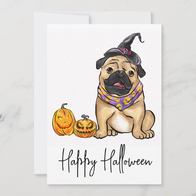Tarjeta Festiva Mascota de perro lindo pug portero fantasma feliz  (Anverso)