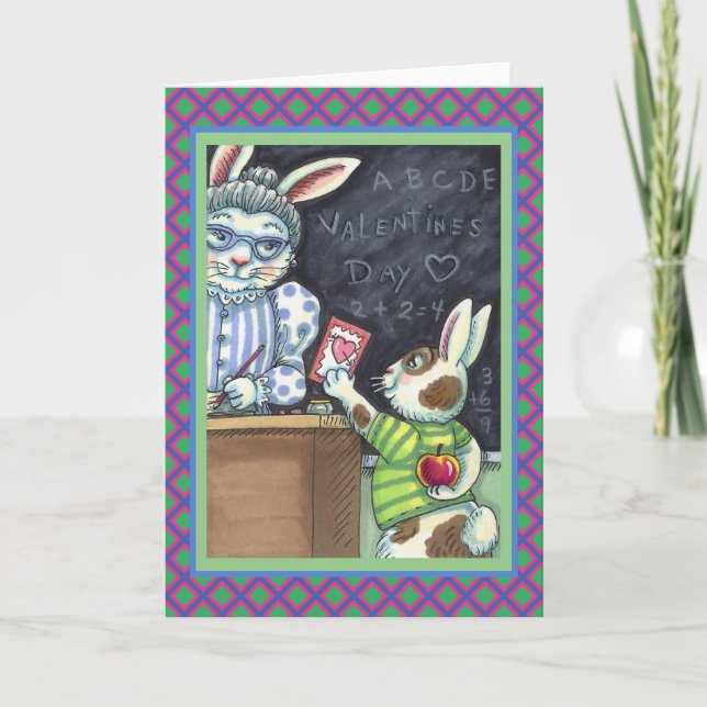 TARJETA FESTIVA MASCOTA DE PROFESOR, APPLE & VALENTINE BUNNY RABBI (Anverso)