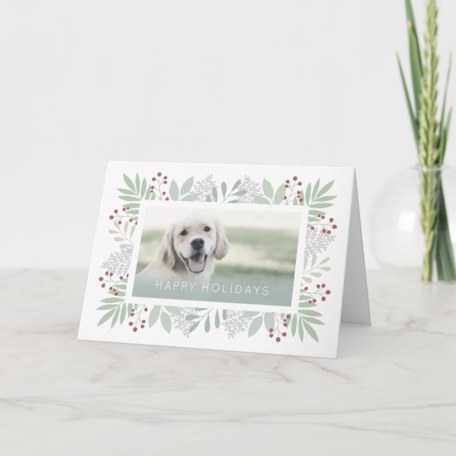 Tarjeta Festiva Mascota Dog Holiday Card Green Foliage Berries Des (Anverso)